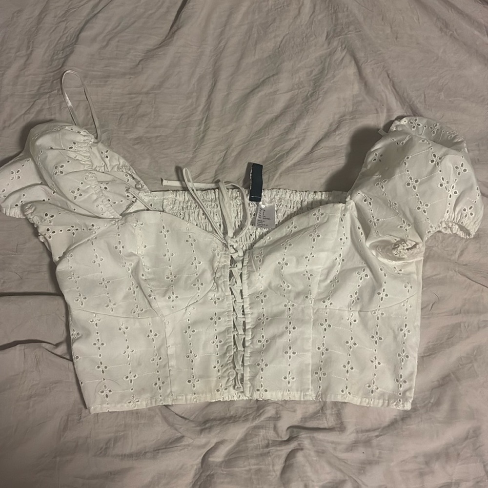 H&M white bustier top puffy shoulders